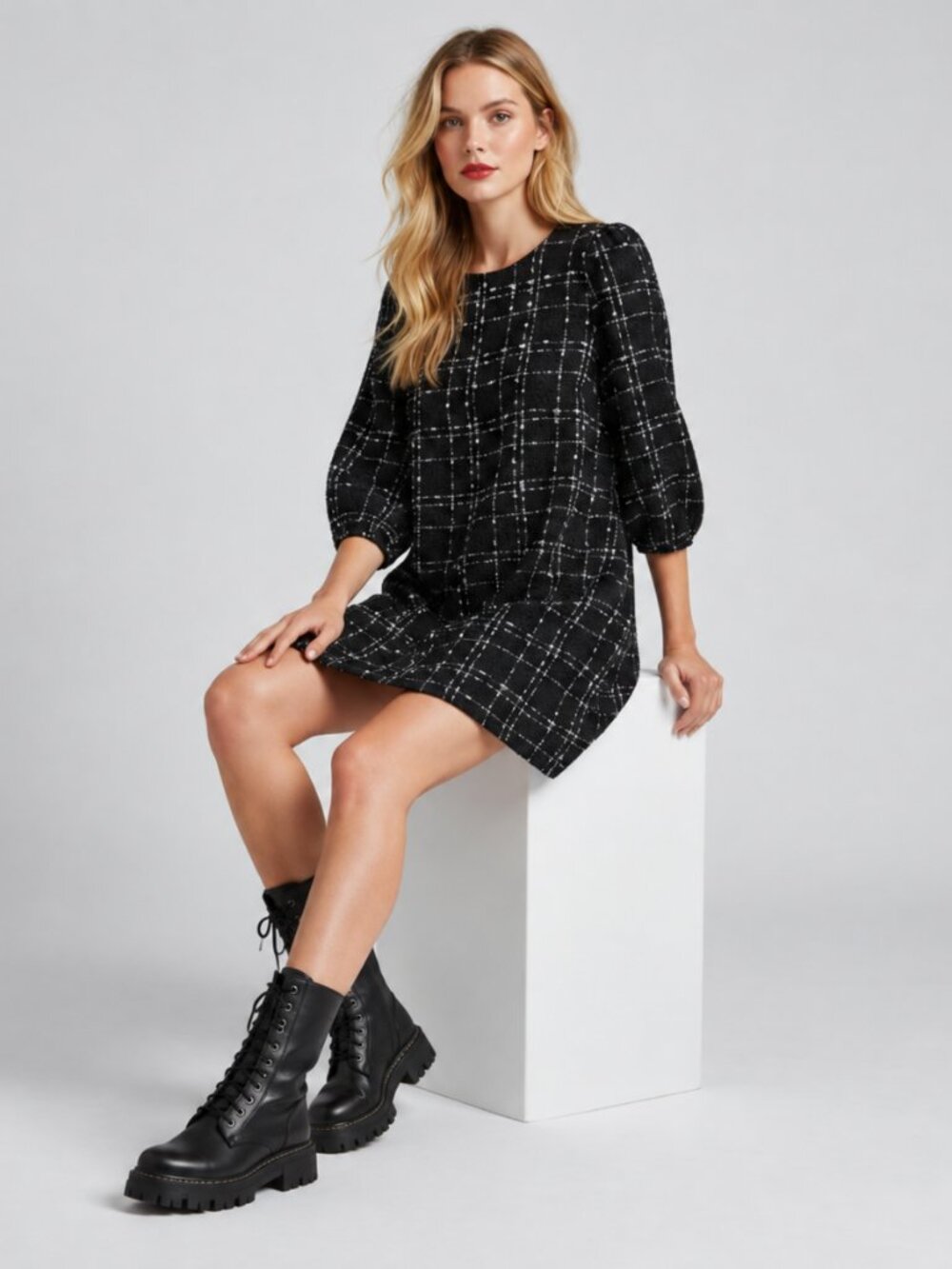 Bouclé Tweed Plaid Mini Black Dress Balloon 3/4 Sleeves French Chic